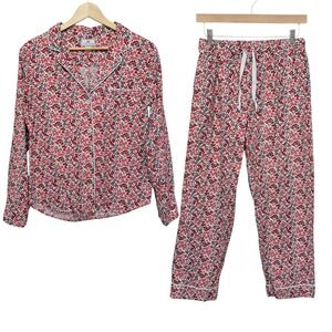 Petite Plume Womens Small Red Floral Cotton Pajama Set Long Sleeve Button Down